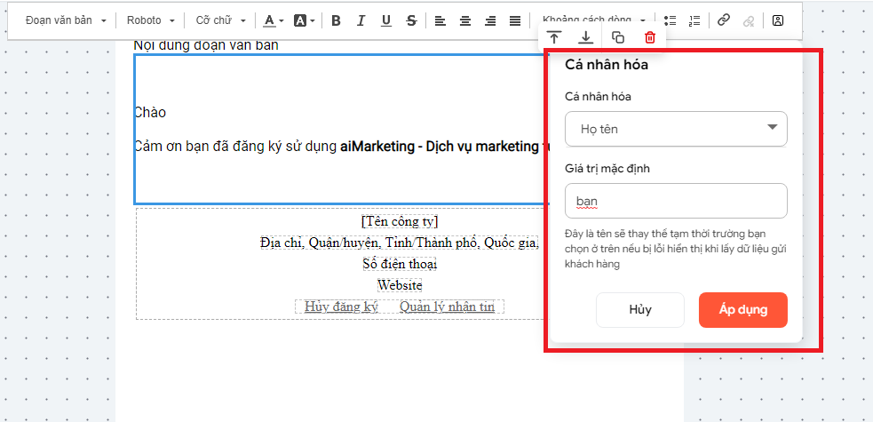 Cá nhân hóa email marketing trên aiMarketing