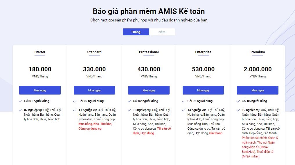 Chi tiết bảng báo giá phần mềm kế toán online MISA AMIS