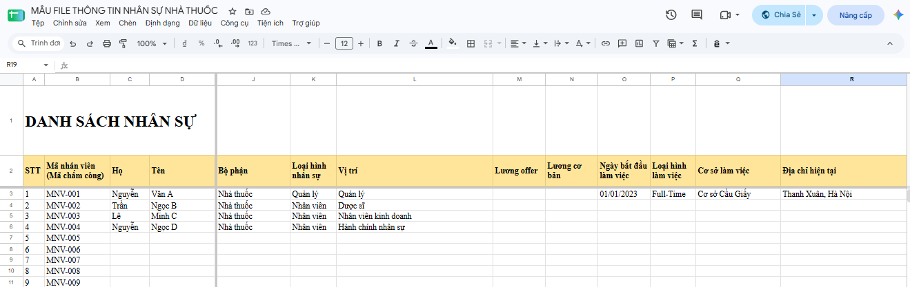 mẫu file quản lý nhân sự nhà thuốc