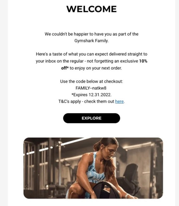 Mẫu email chào mừng khách hàng kèm chương trình khuyến mại của trung tâm tập gym Gymshark (Nguồn: Internet)