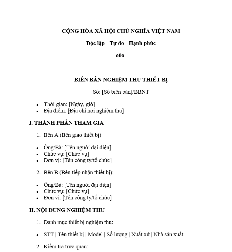 Mẫu biên bản nghiệm thu thiết bị đã lắp đặt xong