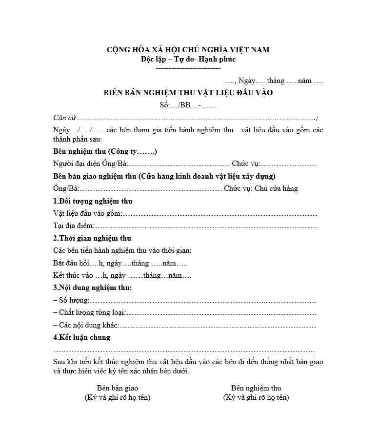 Mẫu biên bản nghiệm thu vật liệu đầu vào
