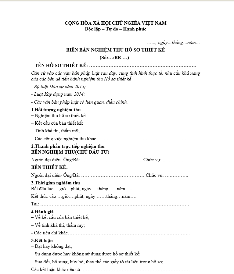 Mẫu biên bản nghiệm thu nội thất