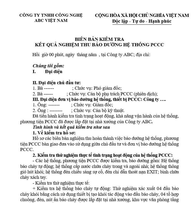 Mẫu biên bản nghiệm thu phòng cháy chữa cháy