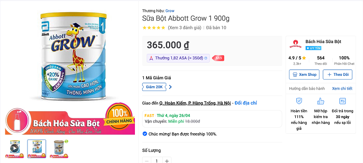 Giá sản phẩm sữa bột Abbott - (Nguồn: tiki.vn)