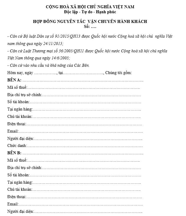 hợp đồng nguyên tắc vận chuyển hành khách