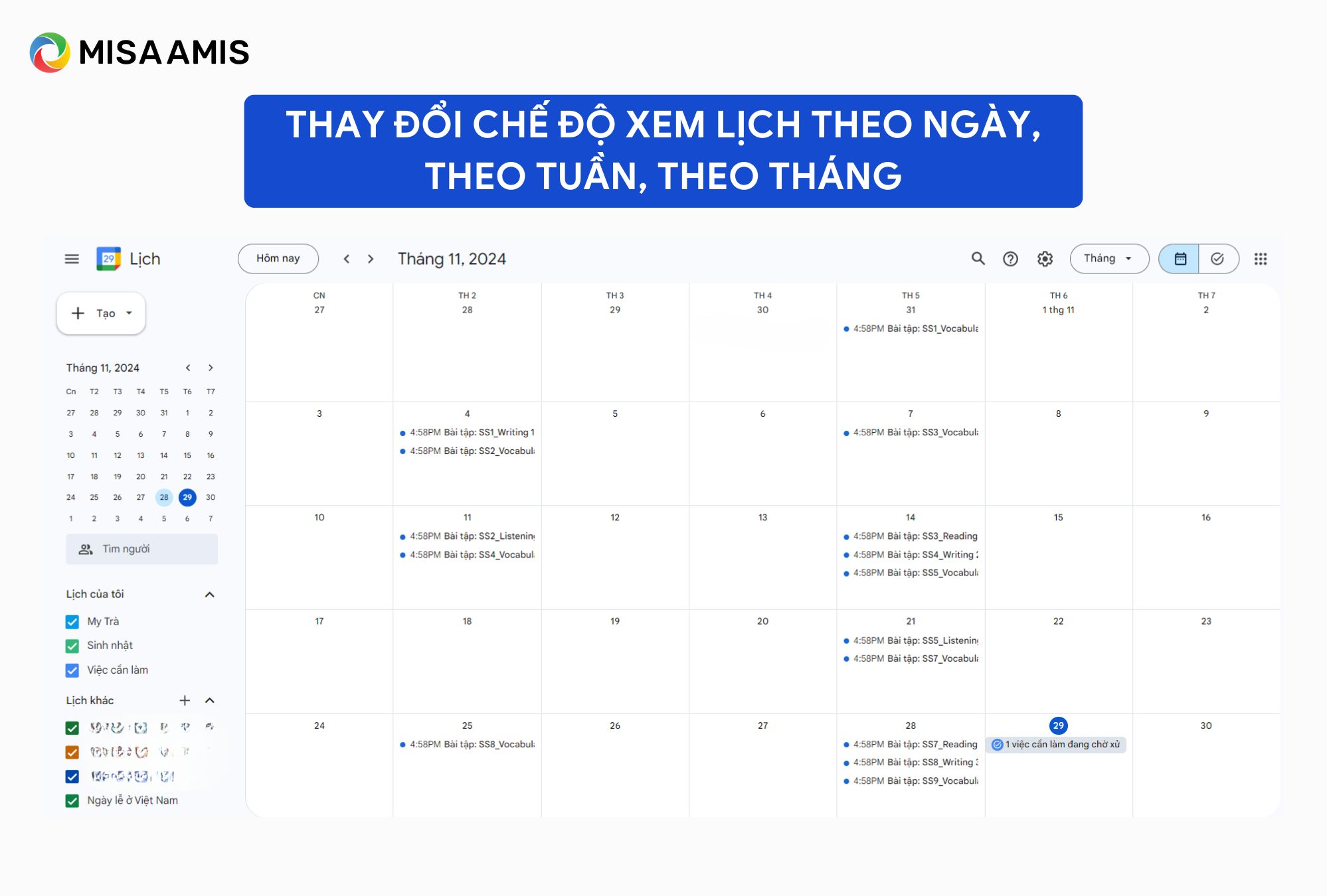 thay đổi chế độ xem lịch theo ngày, tuần, tháng trên google calendar