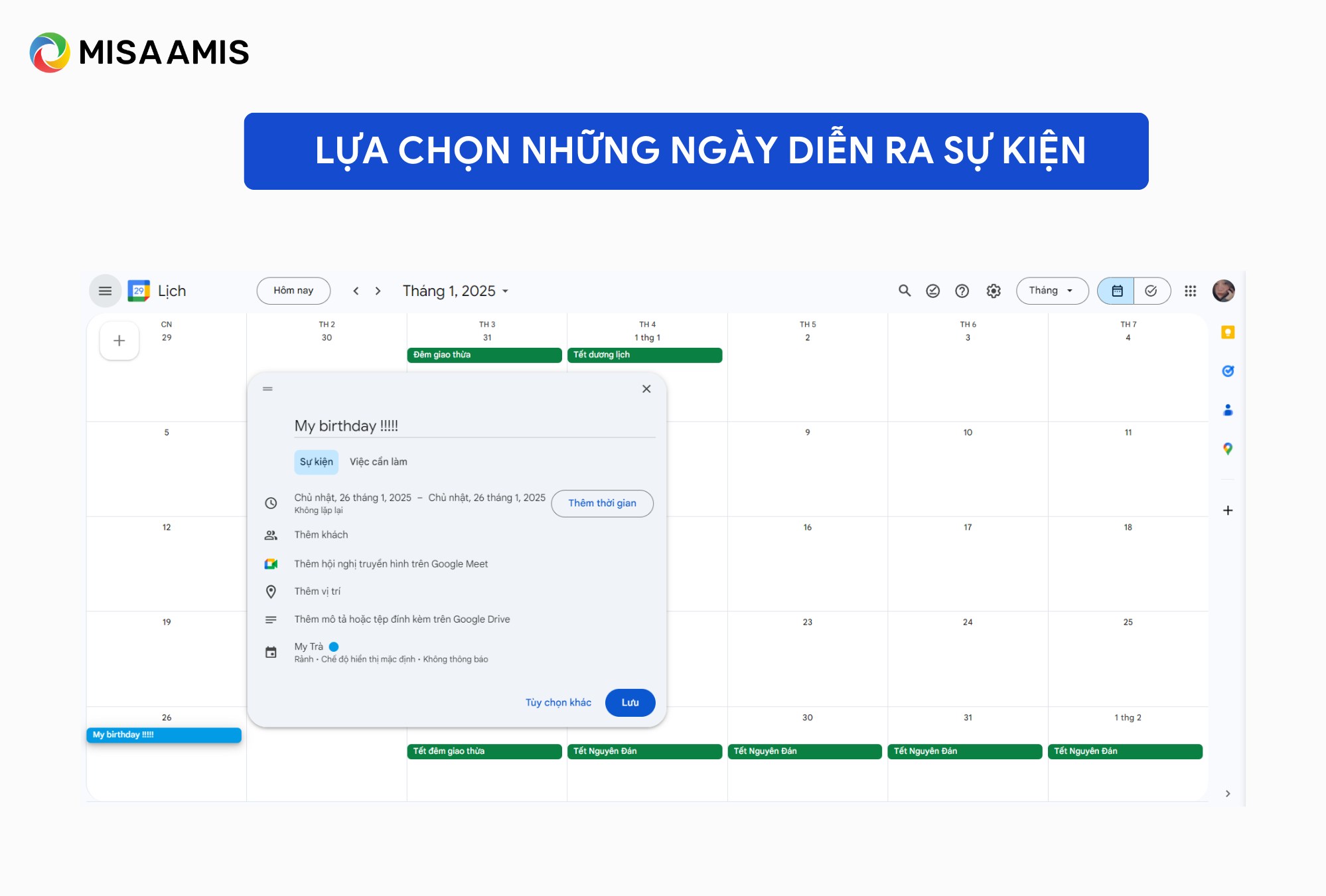 lựa chọn ngày diễn ra sự kiện với google calendar