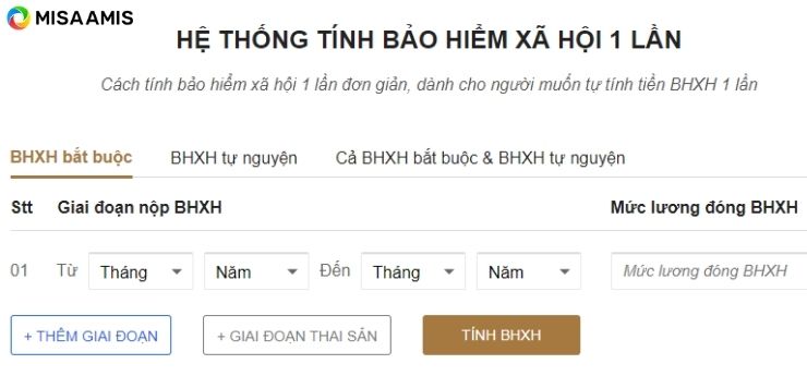 Hệ thống tính bảo hiểm xã hội 1 lần trên website luatvietnam.vn