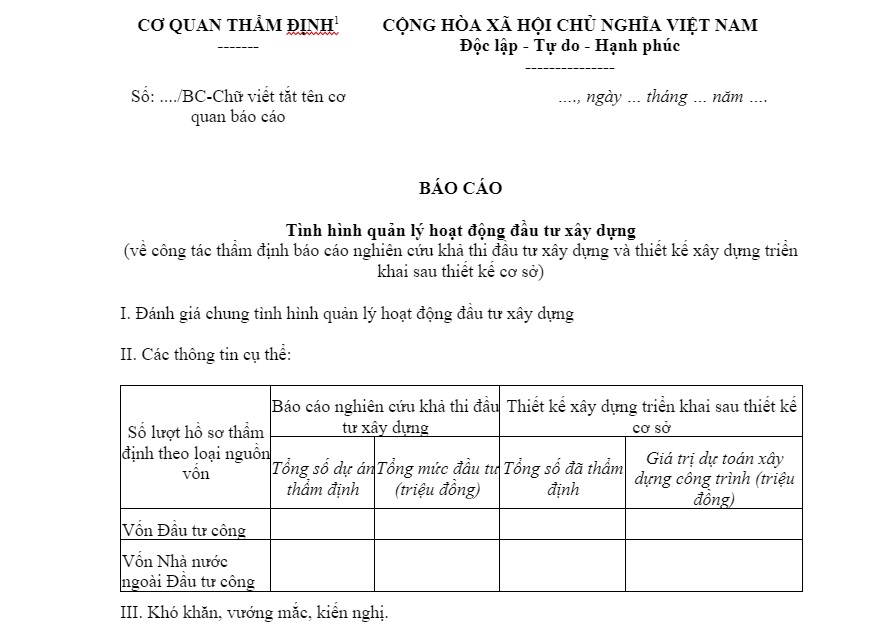 mẫu báo cáo quản lý dự án xây dựng 1