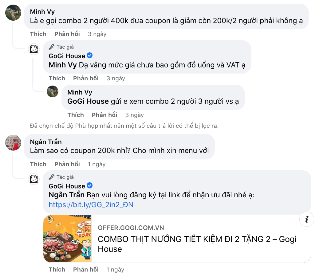Admin Facebook page của GoGi House trả lời các comment của khách hàng