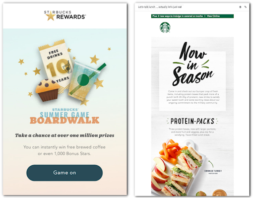 Hai chiến dịch email khác nhau đều sử dụng tông màu xanh đặc trưng của thương hiệu Starbucks (Nguồn ảnh: Internet)
