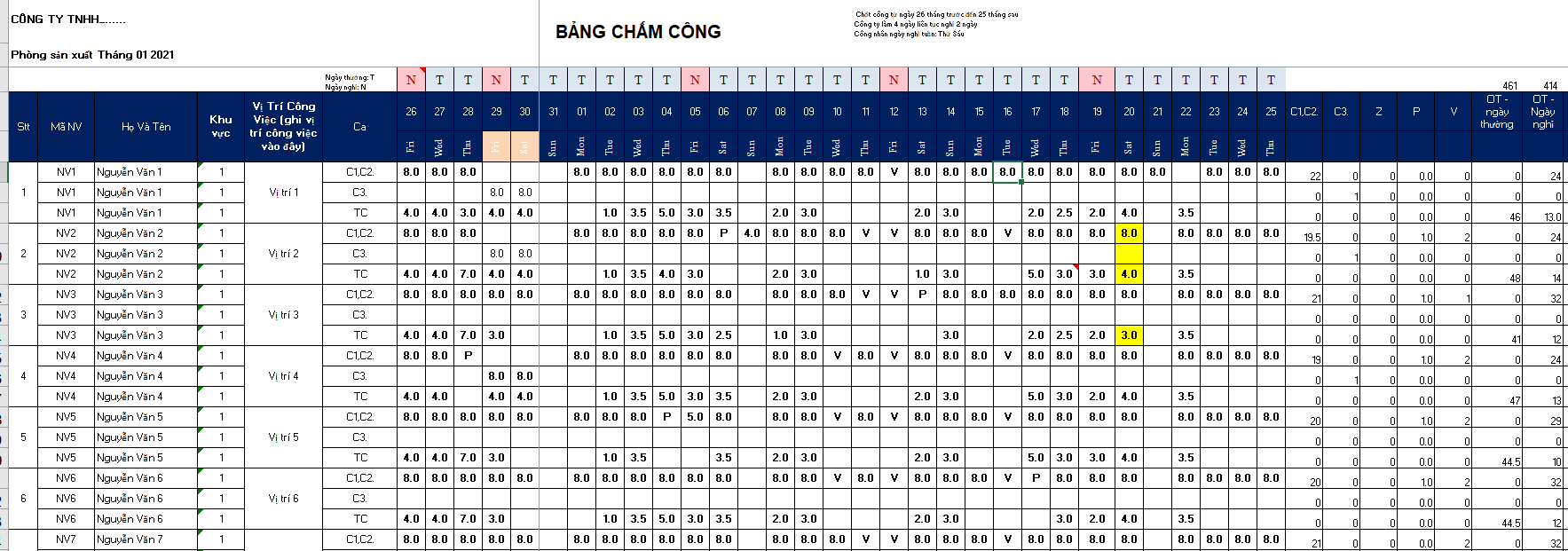 mẫu bảng chấm công bằng excel hàng ngày