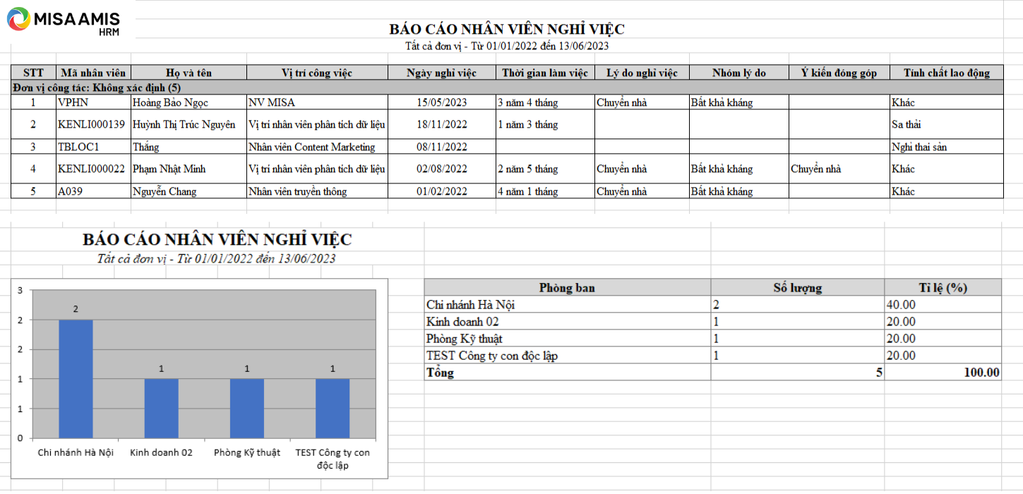 Báo cáo nhân sự nghỉ việc trong năm