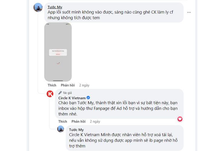 Fanpage của Circle K tại Việt Nam hỗ trợ khách hàng cài app