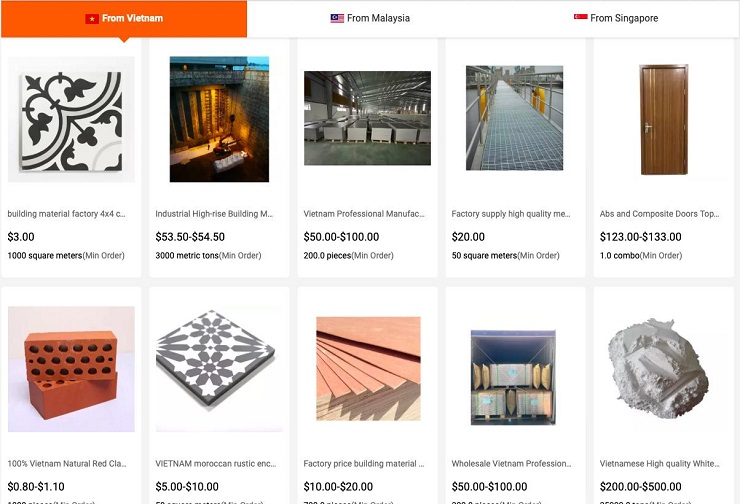Một gian hàng chuyên bán các sản phẩm vật liệu xây dựng từ Việt Nam trên trang Alibaba.com (nguồn: Alibaba.com)