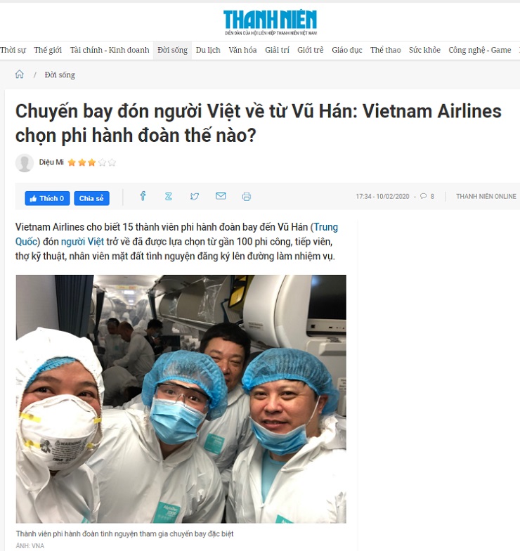 Báo Thanh niên đưa tin về chuyến bay đưa công dân trở về từ Vũ Hán của Vietnam Airlines - (Nguồn: Báo Thanh niên)