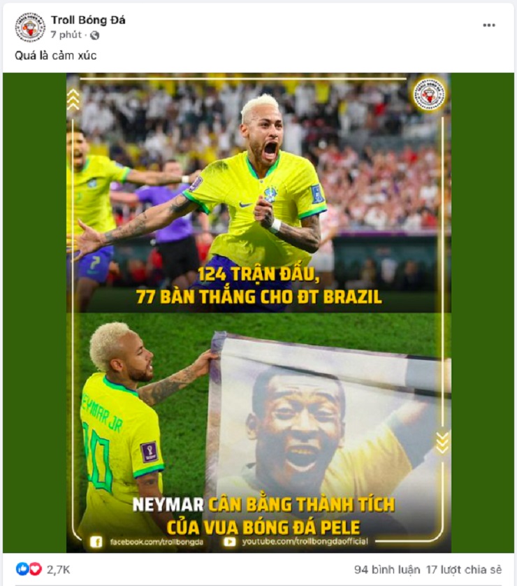 Ngay khi Neymar ghi bàn trong trận đấu tại vòng ⅛ World Cup 2022, fanpage Troll Bóng Đá đăng bài và nhận được hàng trăm lượt bình luận chỉ sau 7 phút (Ảnh : fanpage Troll Bóng Đá)