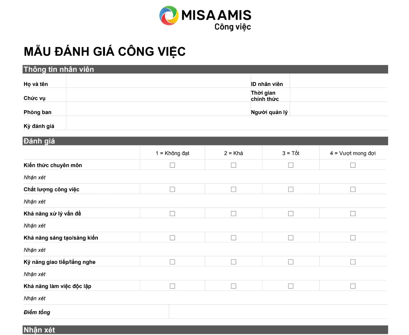 mẫu đánh giá công việc đơn giản