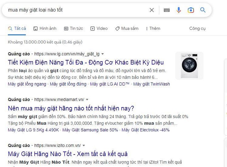 Quảng cáo Google tìm kiếm các sản phẩm thiết bị