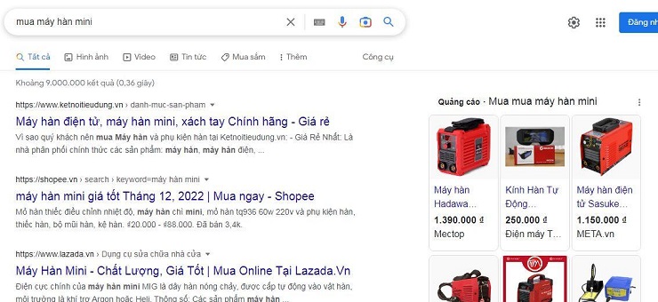 Ví dụ về quảng cáo Google Shopping trong bán lẻ máy móc