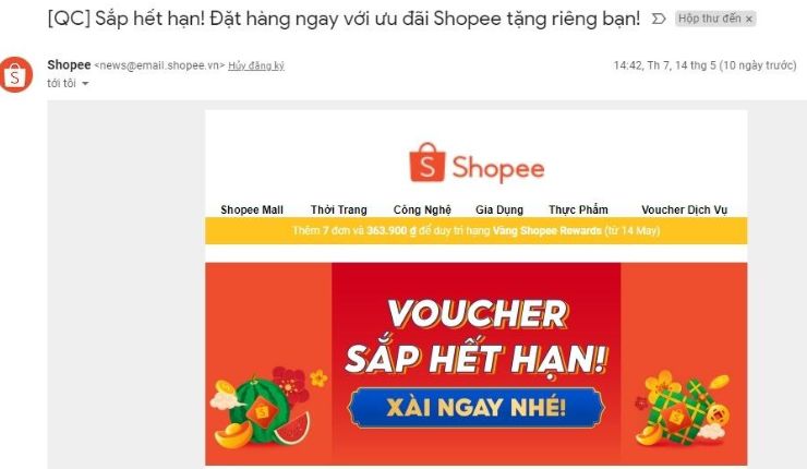Thông báo email quảng cáo sale đầy khéo léo của Shopee để khuyến khích khách hàng click đặt mua hàng