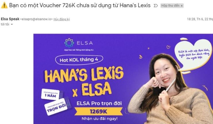 Tiêu đề email hấp dẫn của Elsa Speak khi giới thiệu voucher khuyến mãi khóa học kết hợp cùng KOL