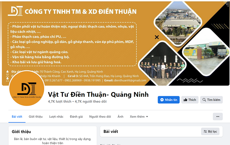 Mỗi doanh nghiệp/cửa hàng bán buôn vật liệu xây dựng nên có fanpage facebook. Nguồn: Vật tư Điền Thuận - Quảng Ninh
