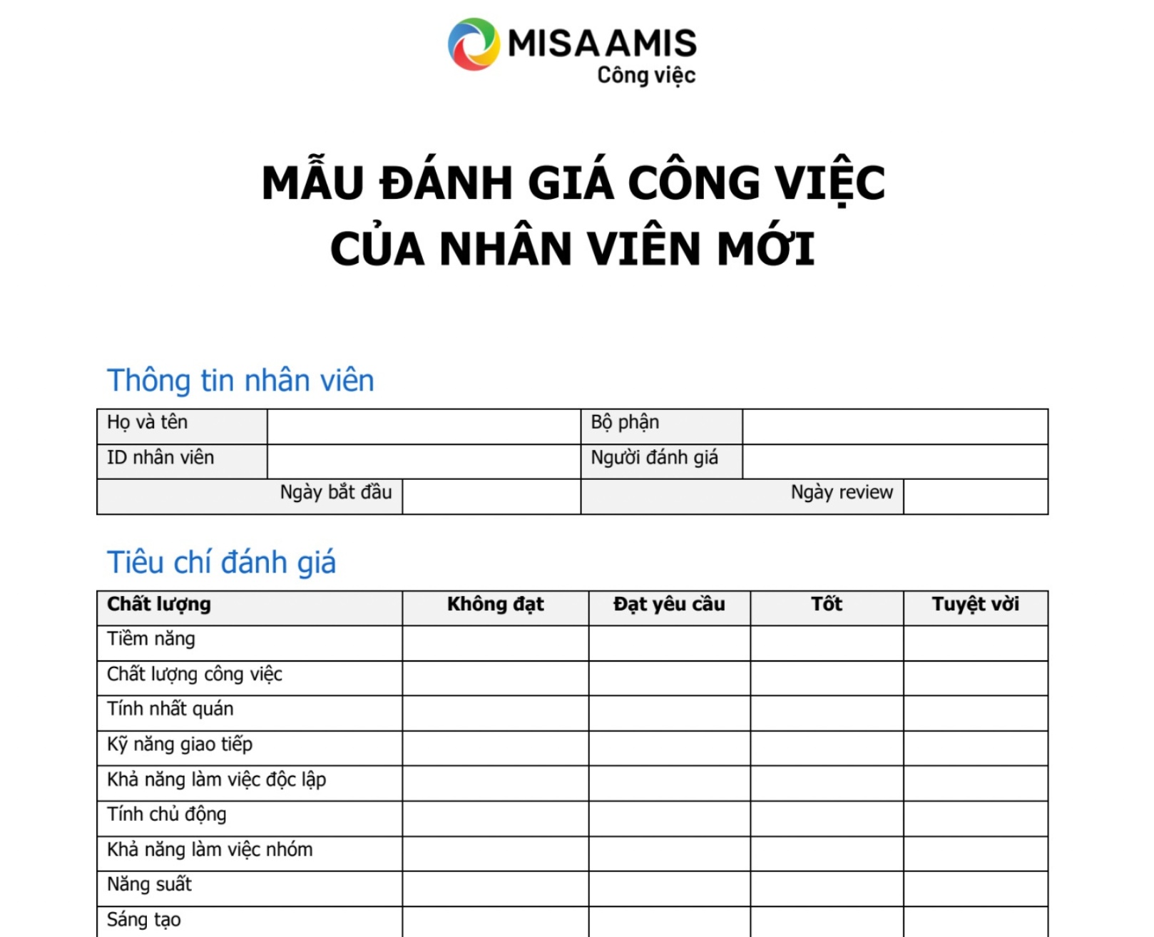 mẫu đánh giá công việc nhân viên mới