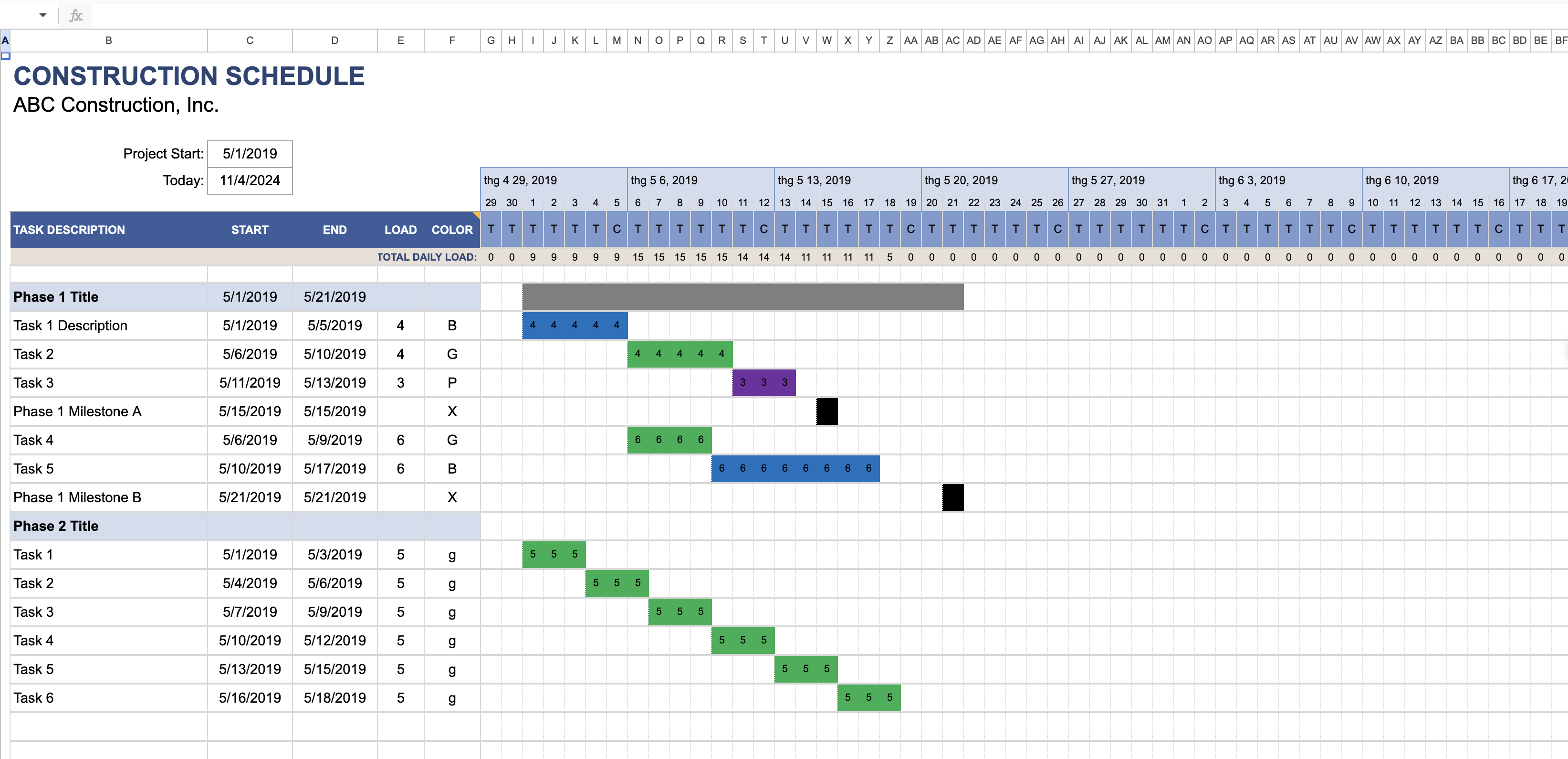 Bảng tiến độ thi công hàng ngày bằng Excel