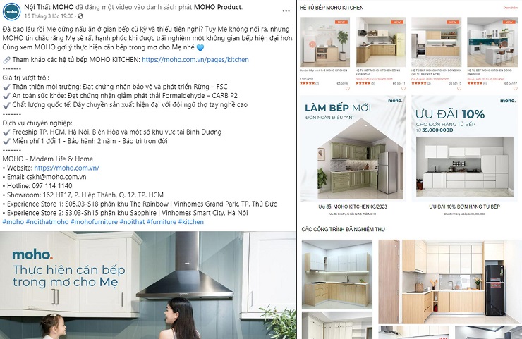 Bài viết quảng cáo của MOHO dẫn link về landing page sản phẩm tủ bếp - Nguồn nội thất MOHO