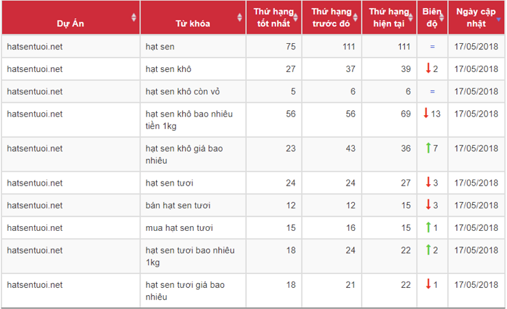 Bảng xếp hạng từ khoá (Nguồn: gobranding.com.vn)