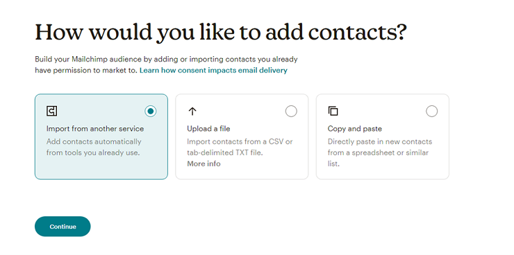 Giao diện các tùy chọn Add contacts của Mailchimp. Nguồn ảnh: Mailchimp