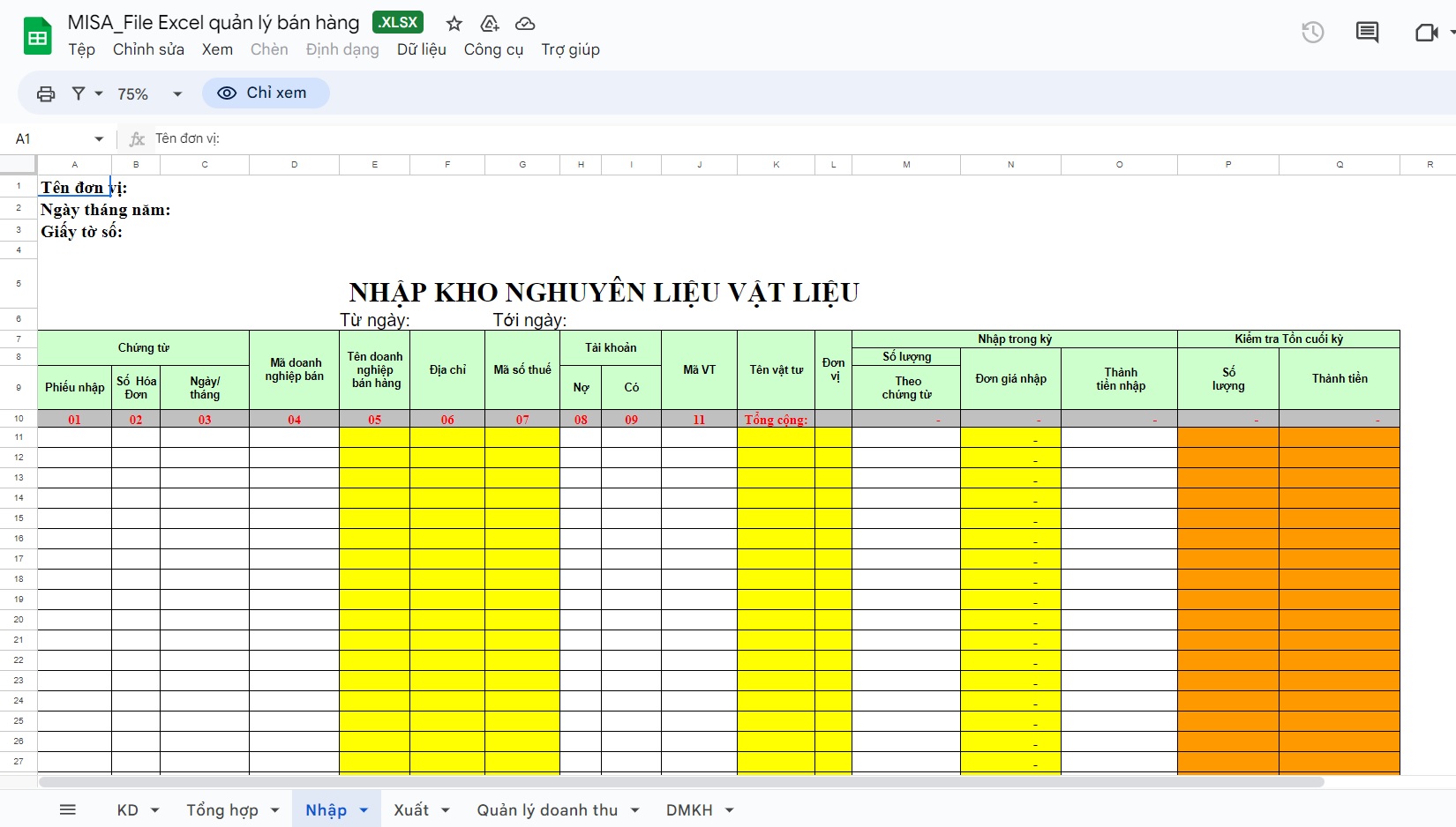 mẫu file quản lý xuất nhập tồn kho nguyên vật liệu