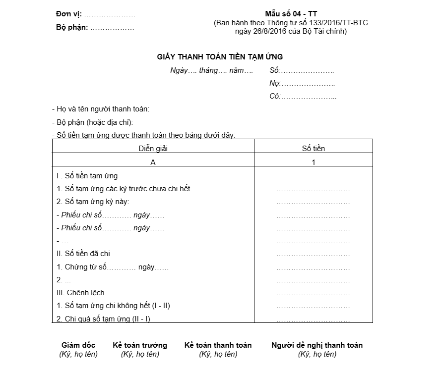 Giấy thanh toán tiền tạm ứng theo Thông tư 133