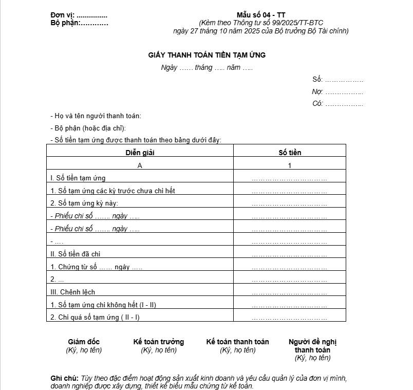 Giấy thanh toán tiền tạm ứng theo Thông tư 99