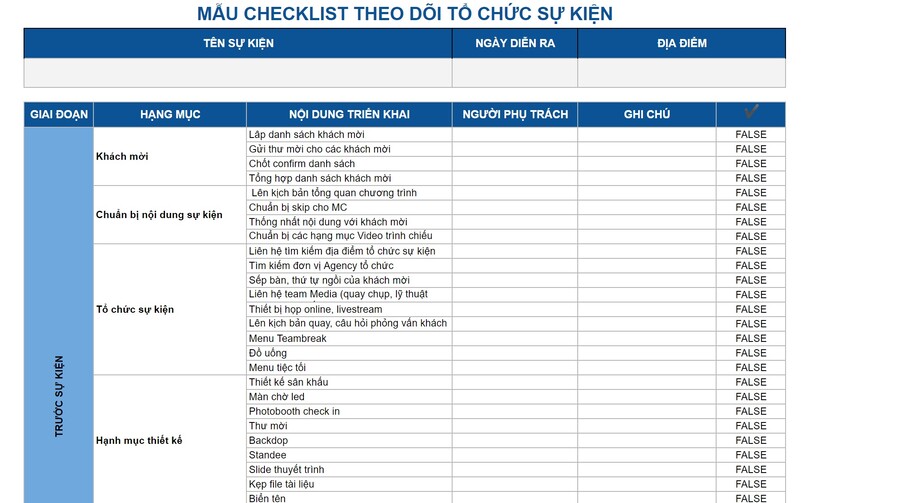 mẫu checklist theo dõi sự kiện