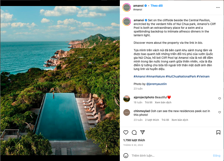 Những tấm ảnh view “triệu đô” trên Instagram làm nên tên tuổi Amanoi Resort, định vị thành công hình ảnh “siêu xa xỉ”, giúp tăng danh tiếng và thúc đẩy doanh số đặt phòng (Ảnh : instagram)