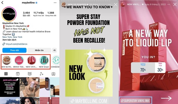 Story highlights của Maybeline chia sẻ thông tin về bộ sưu tập và dẫn link về Instagram Shopping của thương hiệu