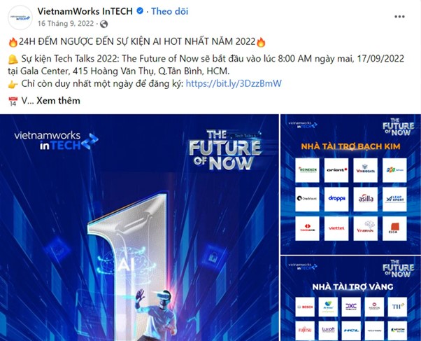 VietnamWorks InTECH kích thích người tham gia sự kiện Tech Talks bằng bài đăng tạo cảm giác FOMO - Nguồn: Fanpage VietnamWorks InTECH