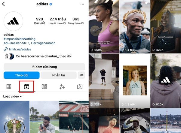 Adidas chia sẻ các thông tin giải trí và hình ảnh hậu trường trên Instagram Reel