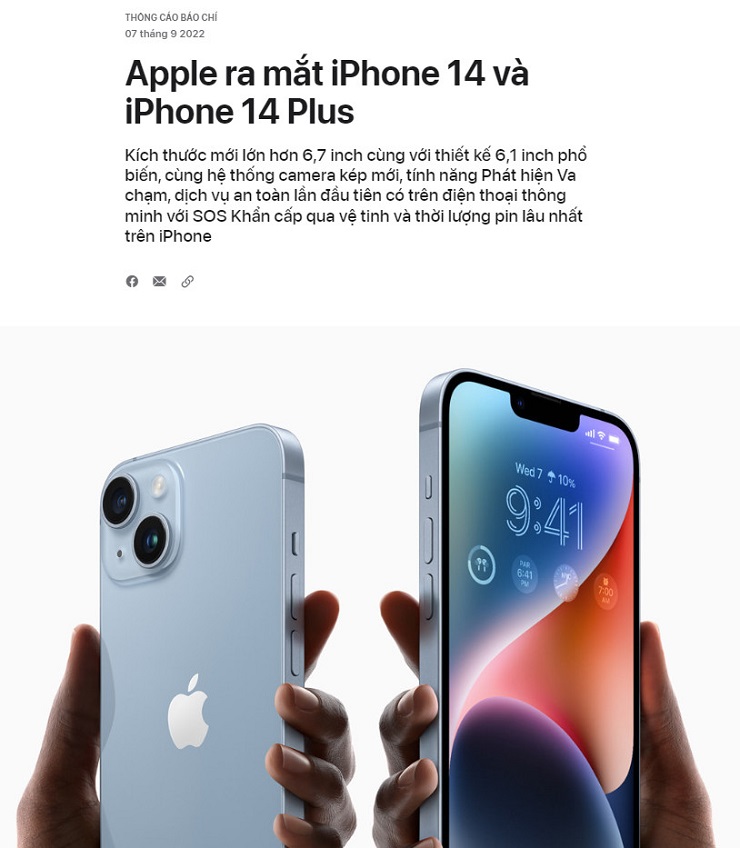 Apple ra thông cáo báo chí về sản phẩm iPhone 14 và iphone 14+ (Nguồn: apple.com)