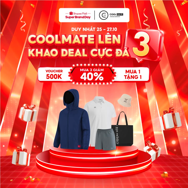 Chương trình hợp tác giữa nhãn hàng Coolmate và Shopee - giúp gia tăng tỷ lệ đặt hàng của sản phẩm Coolmate trong khung thời gian nhất định. 
