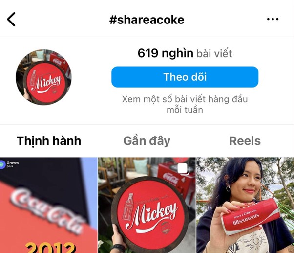 Hay hashtag #shareacoke của CocaCola đạt 619 nghìn bài viết trên Instagram
