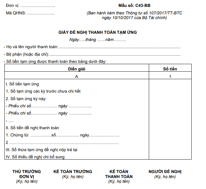 Mẫu giấy đề nghị thanh toán theo thông tư 107