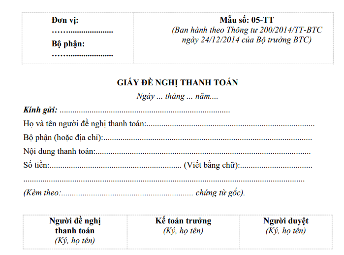 Mẫu đề nghị thanh toán theo thông tư 200