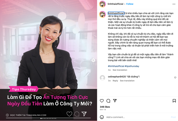 Bà Thái Linh - CEO của Skill Bridge, Instagram của bà là nơi giúp gia tăng hình ảnh của Skill Bridge, doanh nghiệp mà bà đang đảm nhiệm vị trí Giám đốc điều hành cao cấp (CEO) (Nguồn: Instagram @linhthaiofficial) 