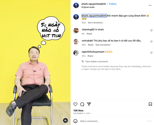 Thước phim ngắn (Reels) của ông Nguyễn Hòa Bình luôn nhận được sự yêu thích của nhóm công chúng hâm mộ ông (Nguồn: Instagram @shark.nguyenhoabinh)