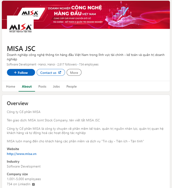 Một vài thông tin về MISA được cung cấp trên tài khoản LinkedIn của doanh nghiệp