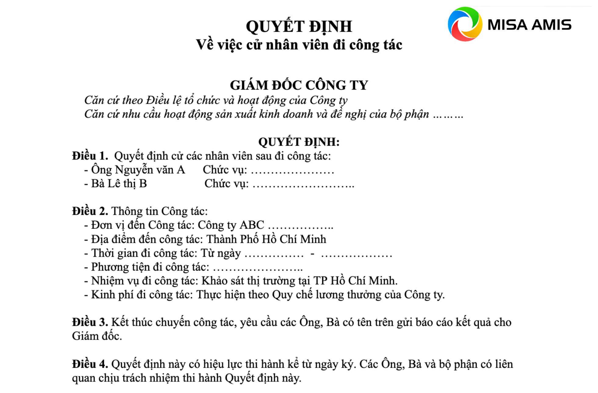 quyết định cử nhân viên đi công tác